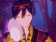a close up of a cartoon character with his eyes closed and a furry collar .