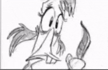 a black and white drawing of a cartoon character with a sad face