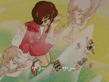 a girl in a red dress is surrounded by angels in a cartoon scene