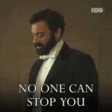a man in a tuxedo with a bow tie says no one can stop you