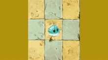 a cartoon drawing of a small blue object on a checkered floor