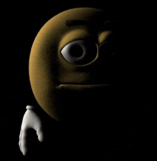 a yellow smiley face with a white eye and a hand in the dark