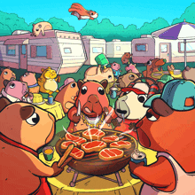 a cartoon of a group of capybaras eating steaks