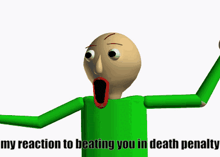 a cartoon character with a surprised look on his face and the words my reaction to beating you in death penalty