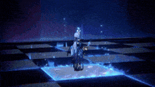 a cartoon character is standing on a checkered floor with a blue light coming out of it