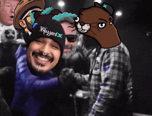 a man wearing a beanie that says blizzard is surrounded by other men