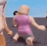 a roblox character is dancing in a video game while another roblox character looks on .