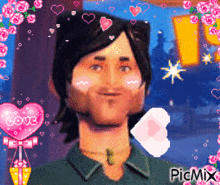 a picture of a man with a cat ear surrounded by hearts and roses with the word love written on it