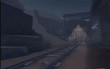 a cartoon character in a red coat is running on train tracks