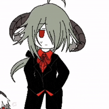 a pixel art drawing of a girl with horns wearing a suit