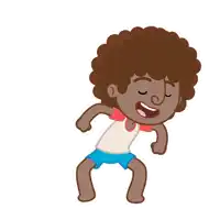 a cartoon drawing of a boy with curly hair and blue shorts