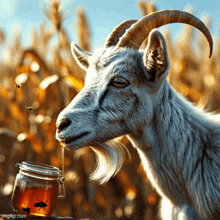 a goat drinking honey from a jar with bees flying around