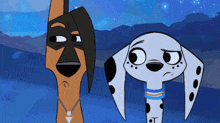 two dalmatian dogs are standing next to each other and one has a mask on