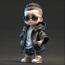a little boy wearing sunglasses and a leather jacket stands with his hands in his pockets
