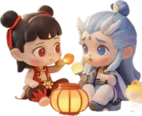 a boy and a girl sitting next to each other holding lanterns