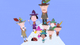 a group of cartoon characters are standing in a forest with a ladybug in the foreground