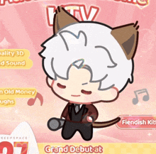 a cartoon drawing of a boy with cat ears and the words grand debut at