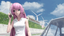 a girl with pink hair is talking on a cell phone in front of a car