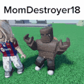 a girl in a spotify shirt is standing next to a brown robot