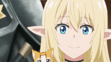 a blonde anime girl with blue eyes holds a small cat