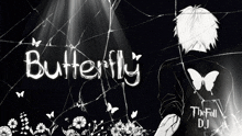 a black and white drawing of a boy with the word butterfly on it