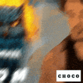 a close up of a person 's face with the word choco in the corner