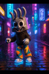 a cartoon character is dancing on a cobblestone street with neon lights .