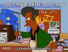 a cartoon of a man standing in front of a sign that says buzz
