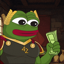 a cartoon of a green frog with the number 42 on his chest