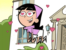 a cartoon character with hearts in her eyes is standing in front of a building with hearts flying around her