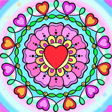 a colorful drawing of a flower with hearts around it