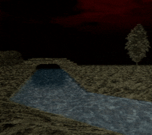 a computer generated image of a river in a dark forest