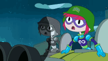 a cartoon character wearing a green helmet and a purple infinity costume