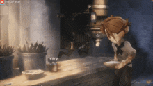 a cartoon character is standing in front of a machine with the gif war displayed on the screen