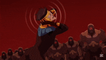 a man is laying on the ground in front of a crowd of zombies with red eyes