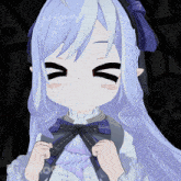 a girl with purple hair and a purple bow on her neck