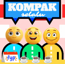 three smiley faces are sitting at a table with a calendar that says fyp on it