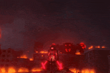 a red light is shining on a robotic object