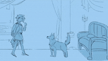 a drawing of a man and a dog standing next to each other