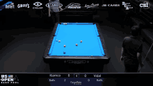 a pool table with a blue cloth and the word diamond on it