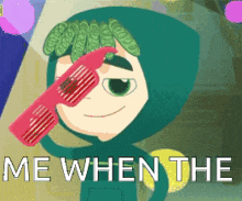 a cartoon character is holding a pink comb in front of his face and the words me when the are visible