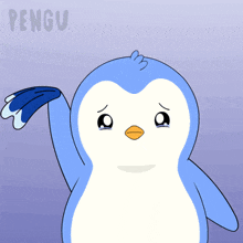 a penguin with a sad look on its face and the word pengu in the background