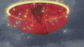 a robot is flying through the air with a red circle around him