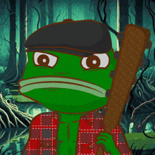 a green cartoon character blowing a pink bubble with a plaid shirt on