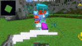 a screenshot of a minecraft game with a purple block in the middle of a grassy field .