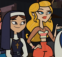 a cartoon of a nun and a blonde girl