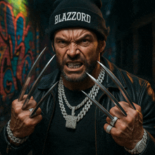 a man wearing a black beanie that says blazzord