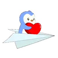 a penguin is holding a red heart on a paper airplane