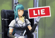 a girl holding a sign that says lie