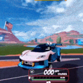 a car is driving down a road in a video game with a flag in the background .